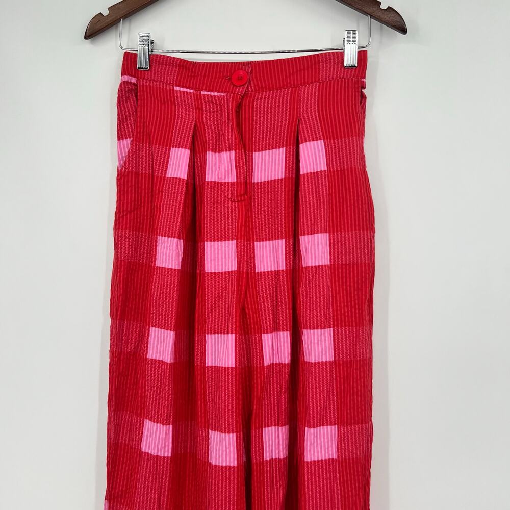 Anthropologie Porridge Red pink Plaid Wide-Leg Pants pockets preppy boho size XS - Picture 7 of 9